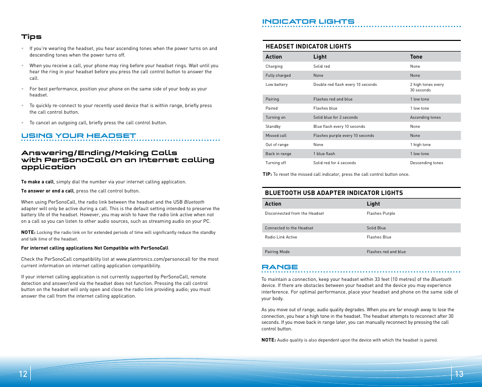 Indicator lights, Range | Plantronics 920 User Manual | Page 7 / 11