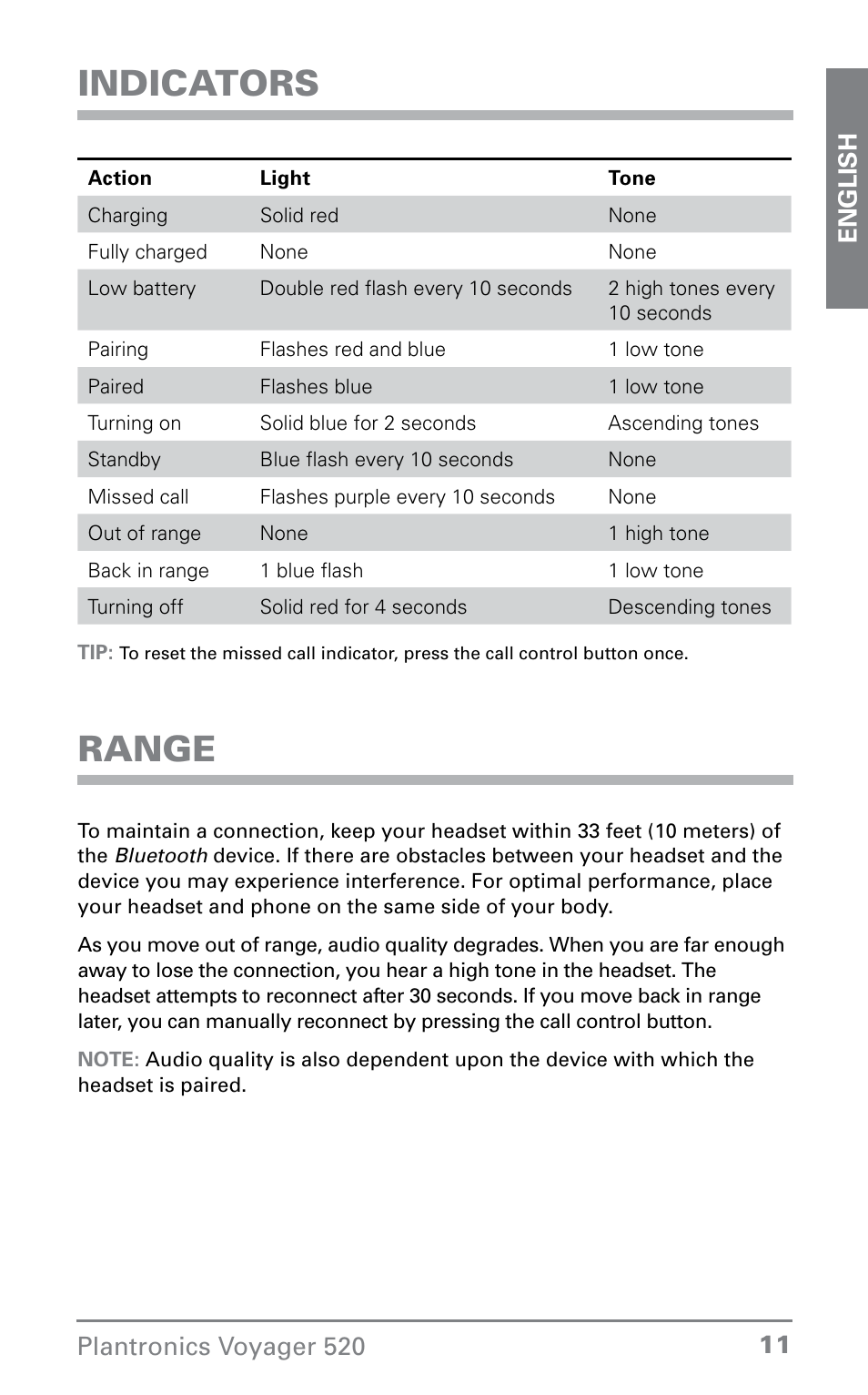 Indicators, Range | Plantronics Voyager 520 User Manual | Page 11 / 38