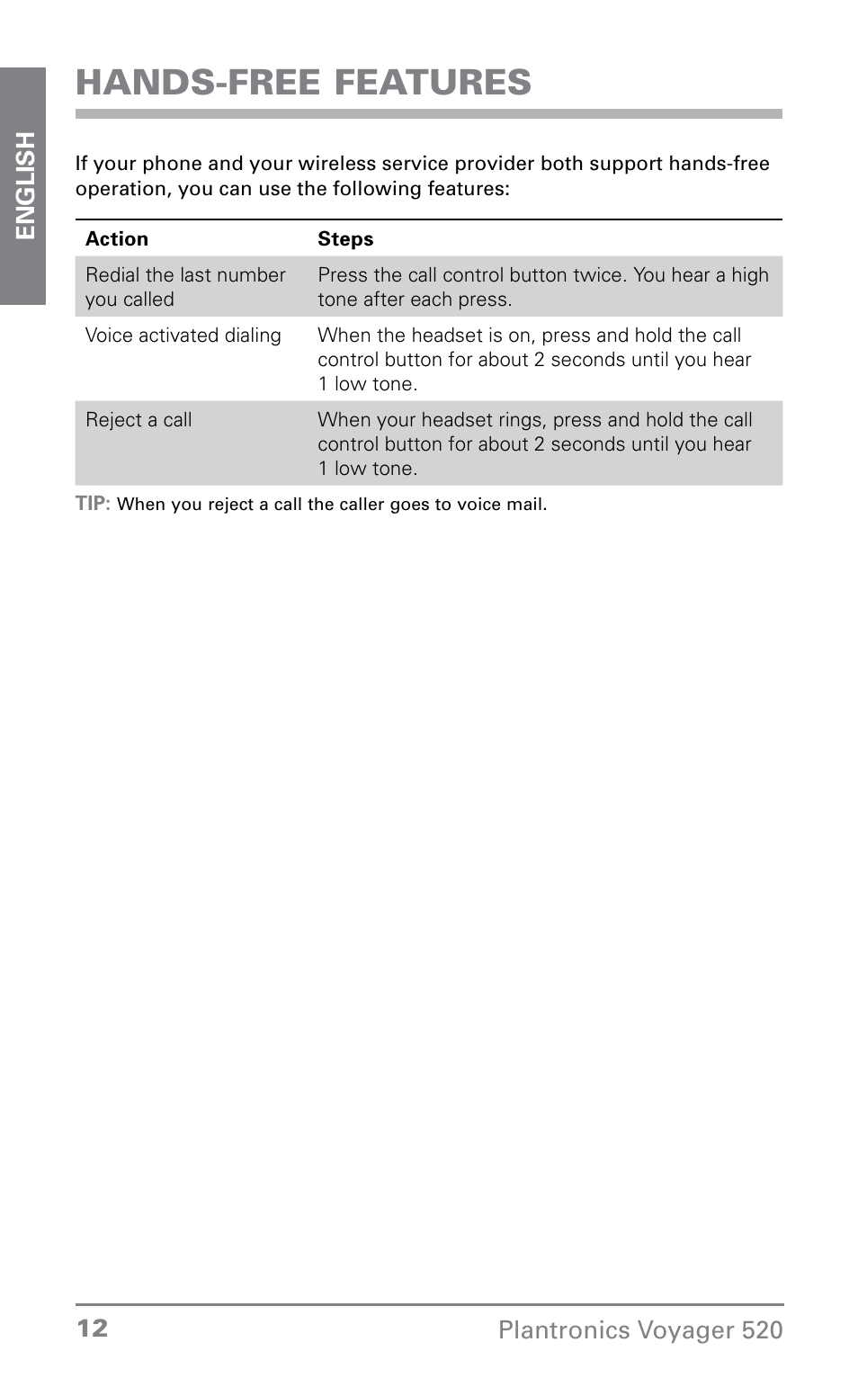Hands-free features | Plantronics Voyager 520 User Manual | Page 12 / 38