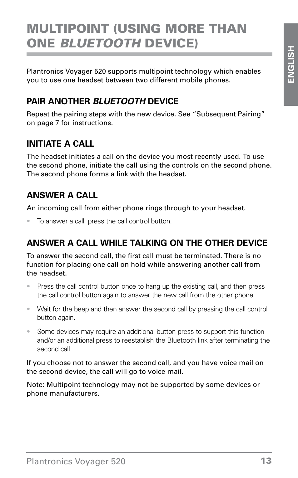 Multipoint (using more than one bluetooth device) | Plantronics Voyager 520 User Manual | Page 13 / 38