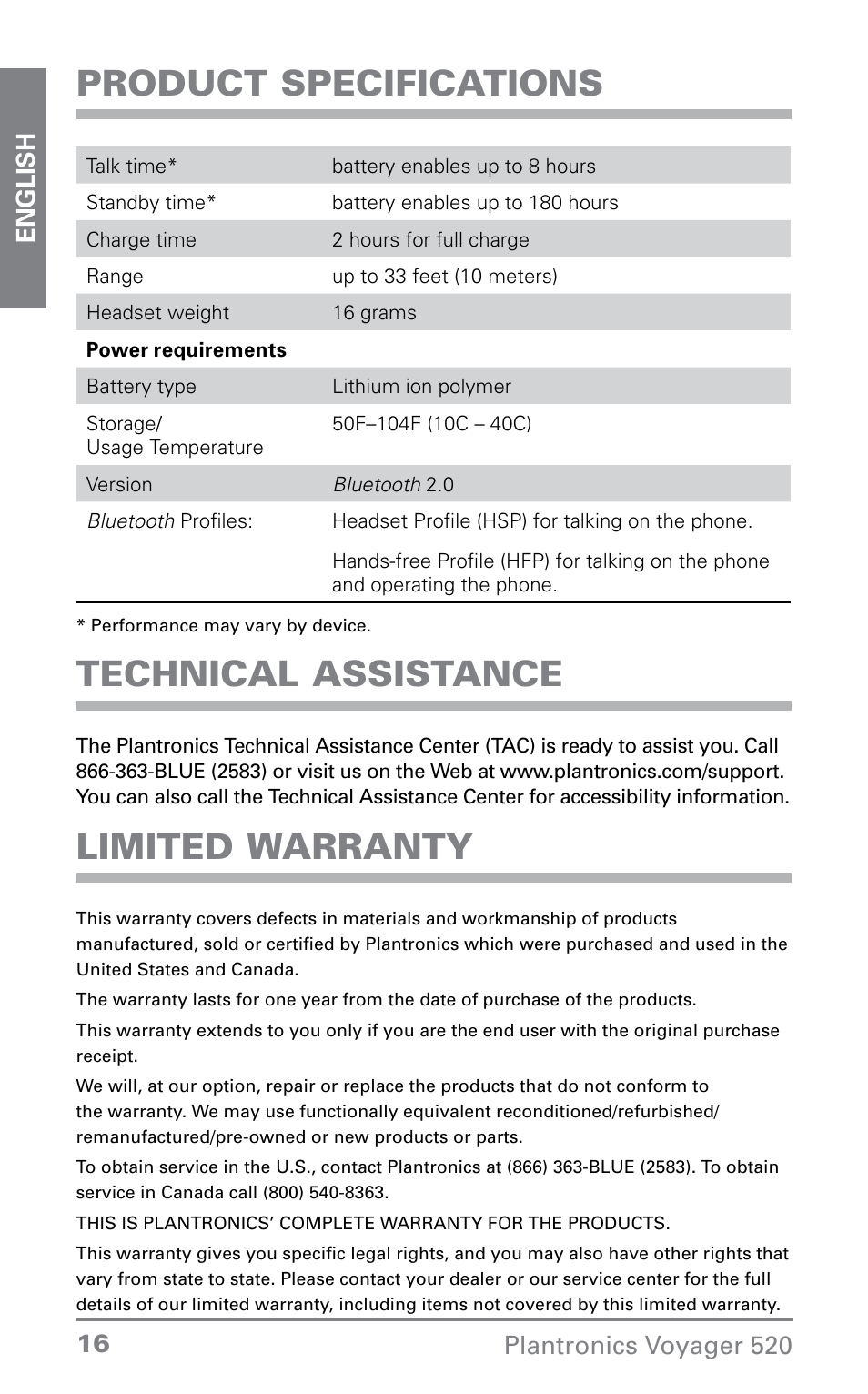 Product specifications, Technical assistance, Limited warranty | Plantronics Voyager 520 User Manual | Page 16 / 38