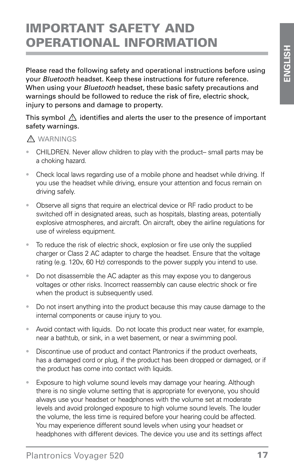 Important safety and operational information | Plantronics Voyager 520 User Manual | Page 17 / 38