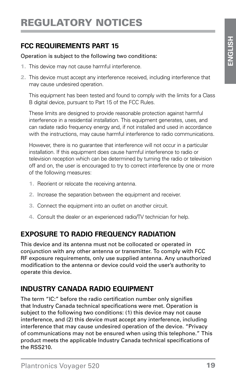 Regulatory notices | Plantronics Voyager 520 User Manual | Page 19 / 38