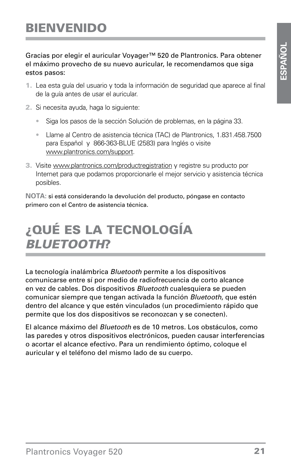 Bienvenido, Qué es la tecnología bluetooth | Plantronics Voyager 520 User Manual | Page 21 / 38