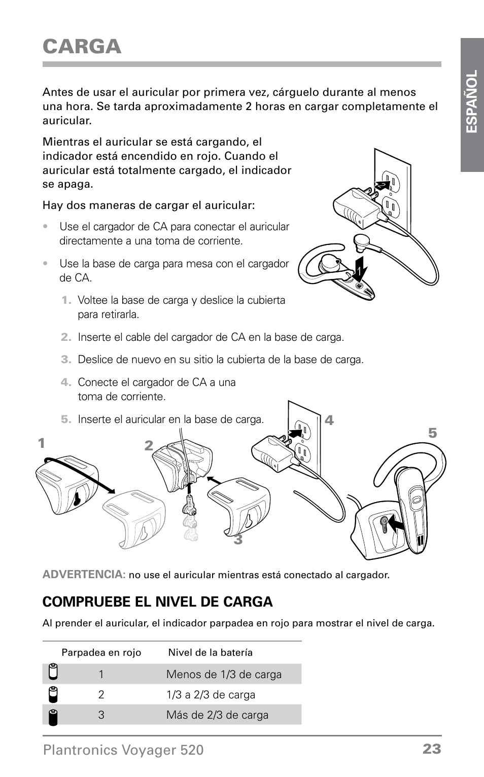 Carga, Compruebe el nivel de carga | Plantronics Voyager 520 User Manual | Page 23 / 38