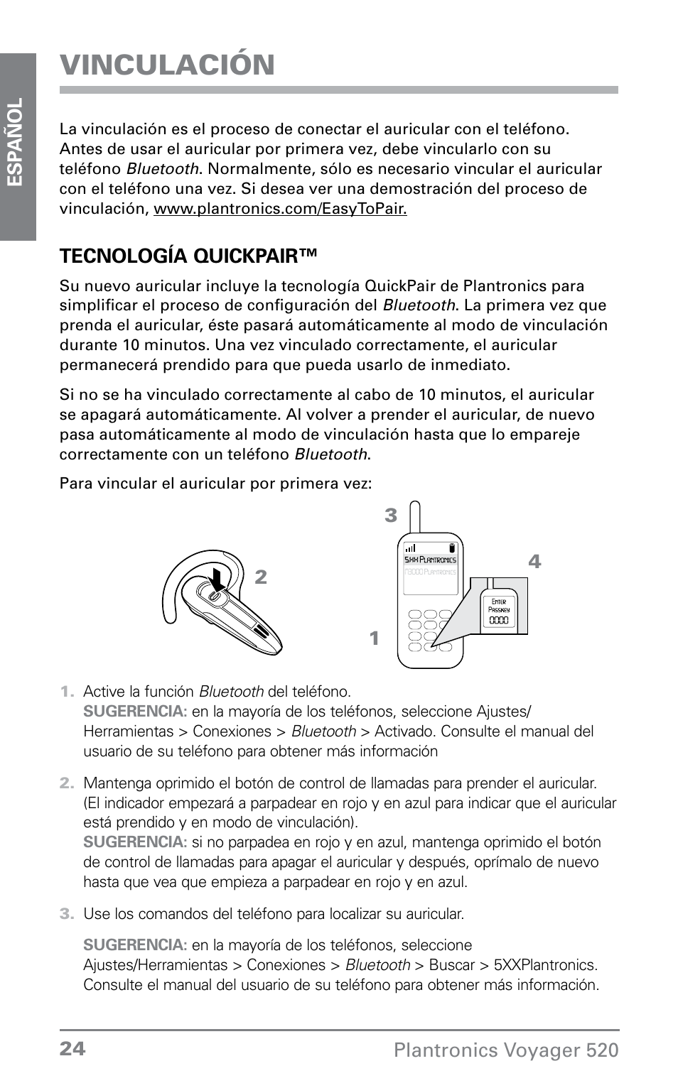 Vinculación | Plantronics Voyager 520 User Manual | Page 24 / 38