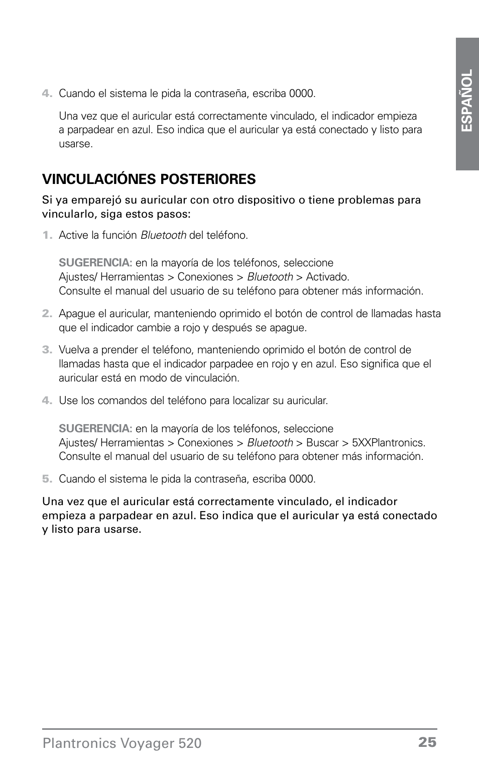 Vinculaciónes posteriores | Plantronics Voyager 520 User Manual | Page 25 / 38
