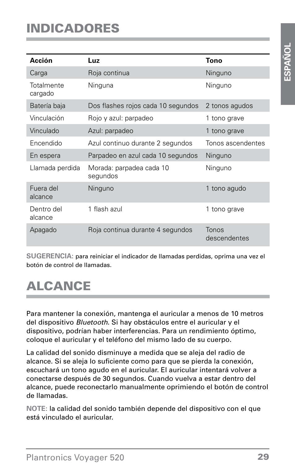 Indicadores, Alcance | Plantronics Voyager 520 User Manual | Page 29 / 38