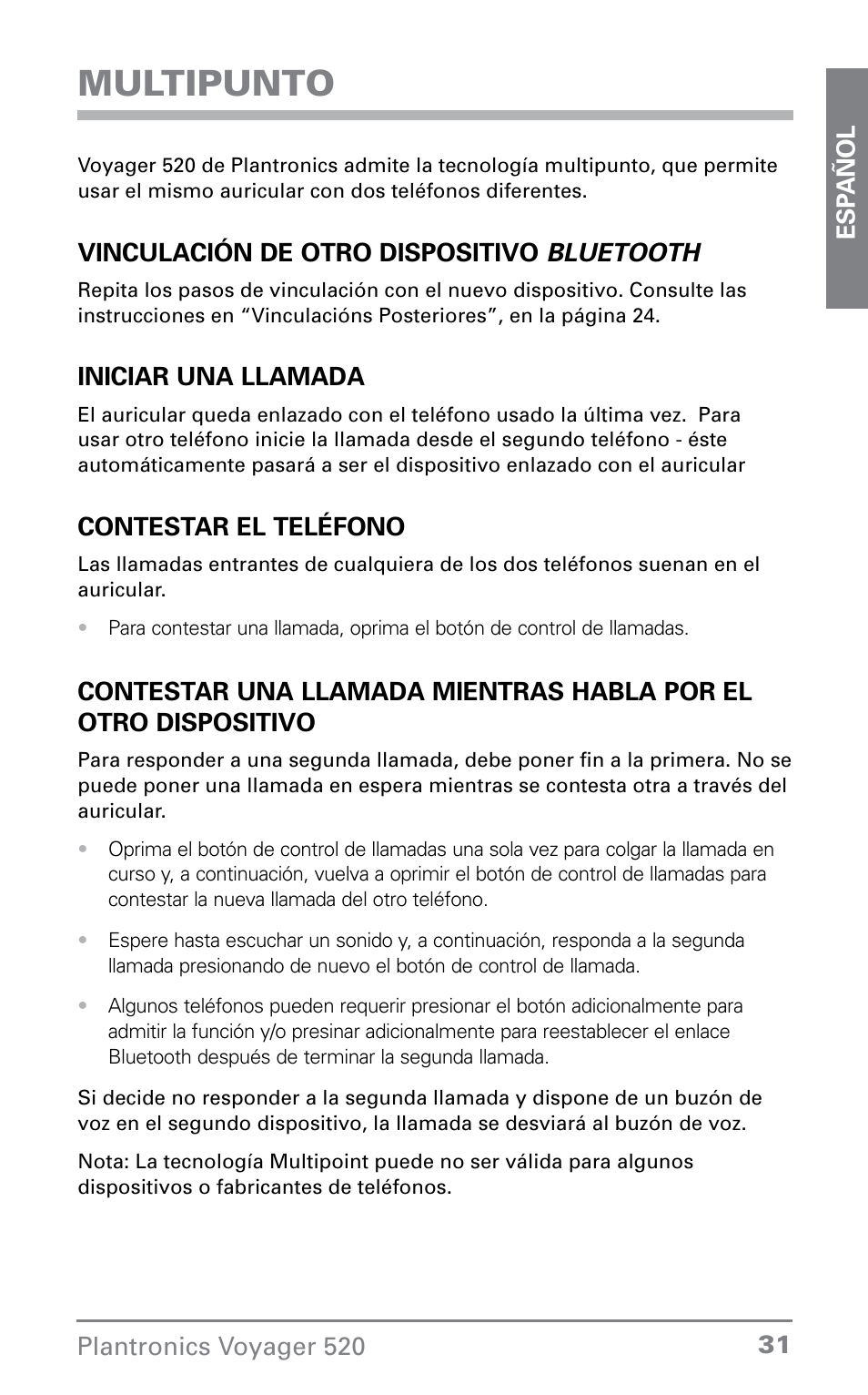Multipunto | Plantronics Voyager 520 User Manual | Page 31 / 38