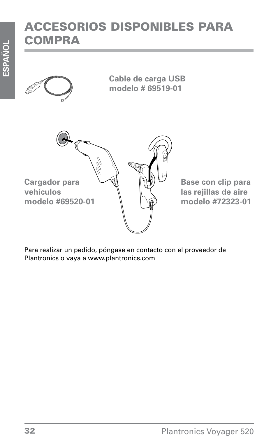 Accesorios disponibles para compra | Plantronics Voyager 520 User Manual | Page 32 / 38