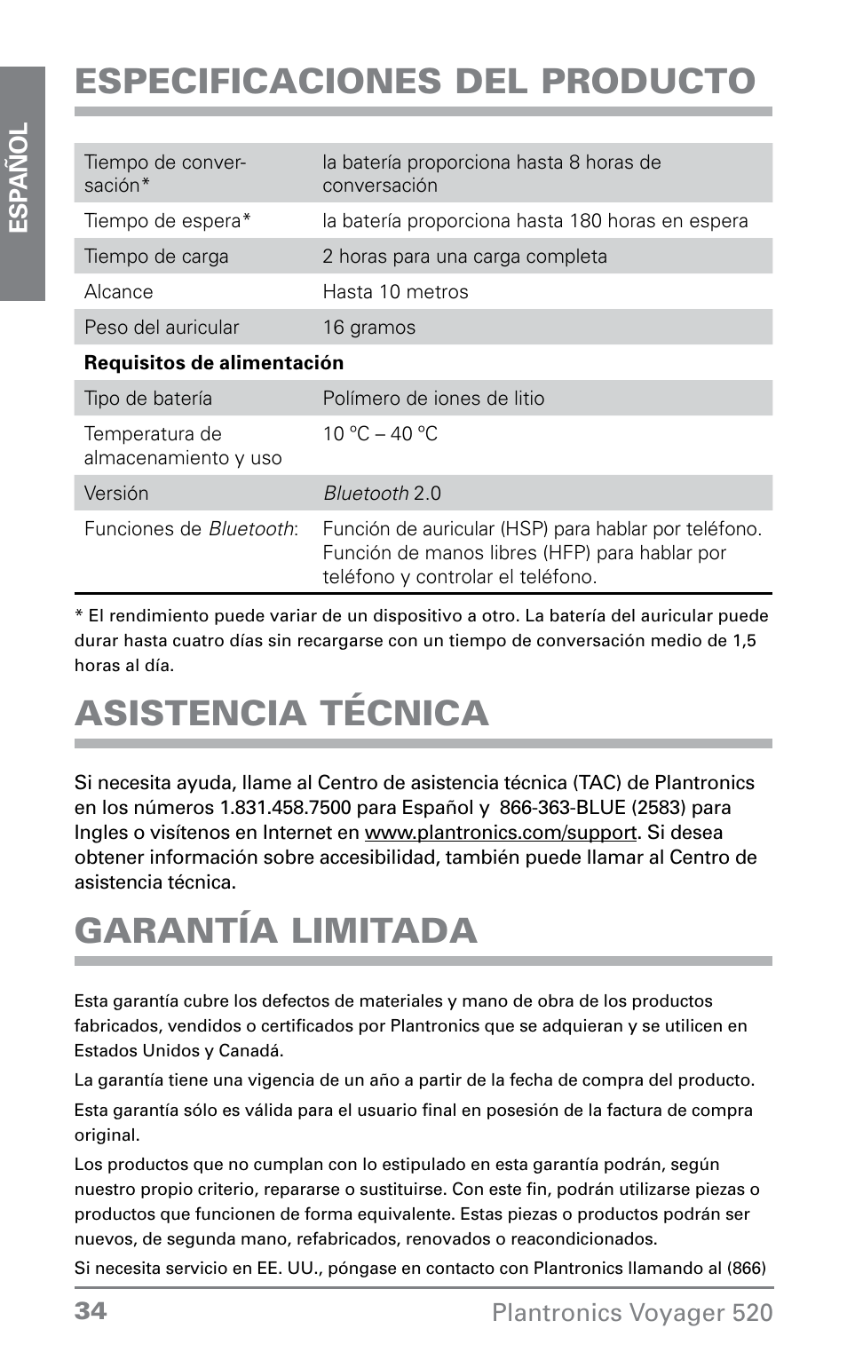 Especificaciones del producto, Asistencia técnica, Garantía limitada | Plantronics Voyager 520 User Manual | Page 34 / 38