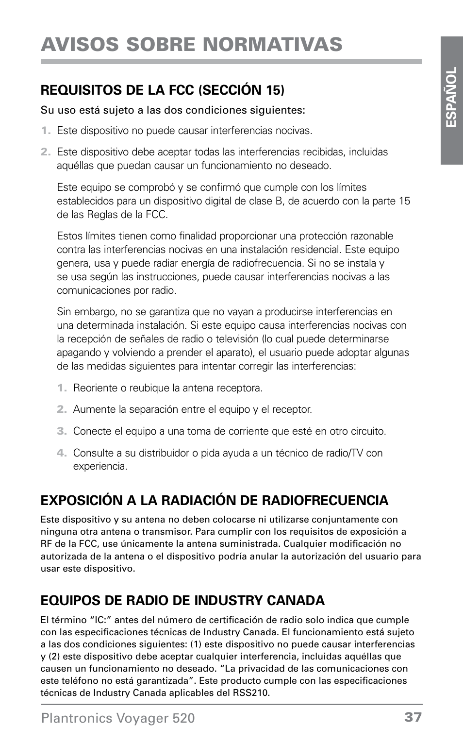 Avisos sobre normativas | Plantronics Voyager 520 User Manual | Page 37 / 38