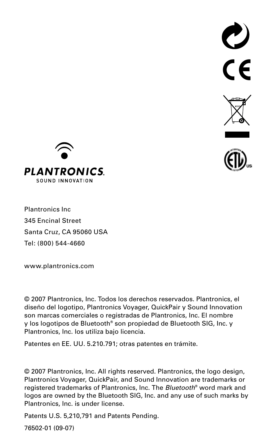 Plantronics Voyager 520 User Manual | Page 38 / 38