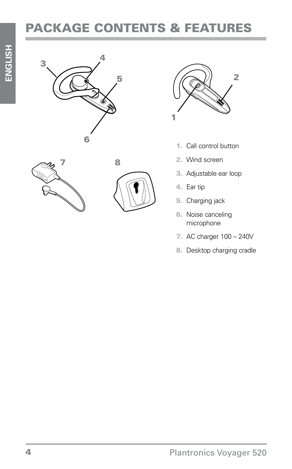 Package contents & features | Plantronics Voyager 520 User Manual | Page 4 / 38