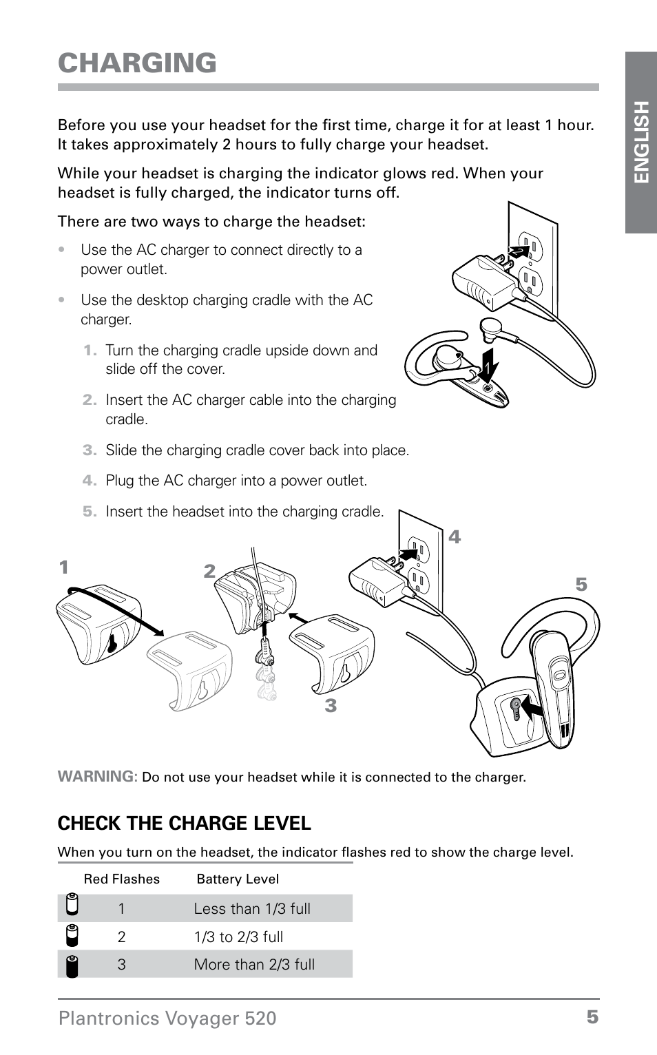 Charging, 5plantronics voyager 520 english, Check the charge level | Plantronics Voyager 520 User Manual | Page 5 / 38