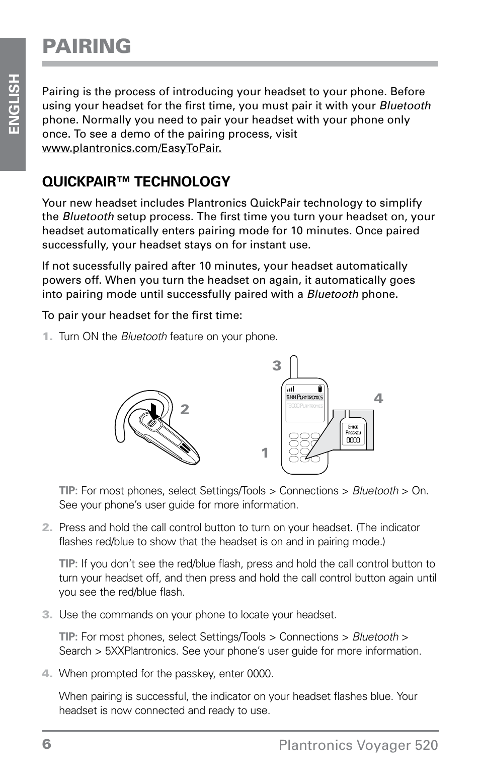 Pairing | Plantronics Voyager 520 User Manual | Page 6 / 38