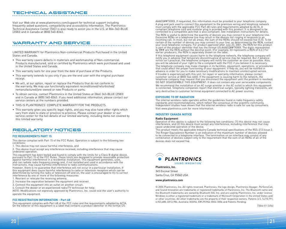 Technical assistance, Warranty and service, Regulatory notices | Plantronics Voyager 510 User Manual | Page 11 / 11