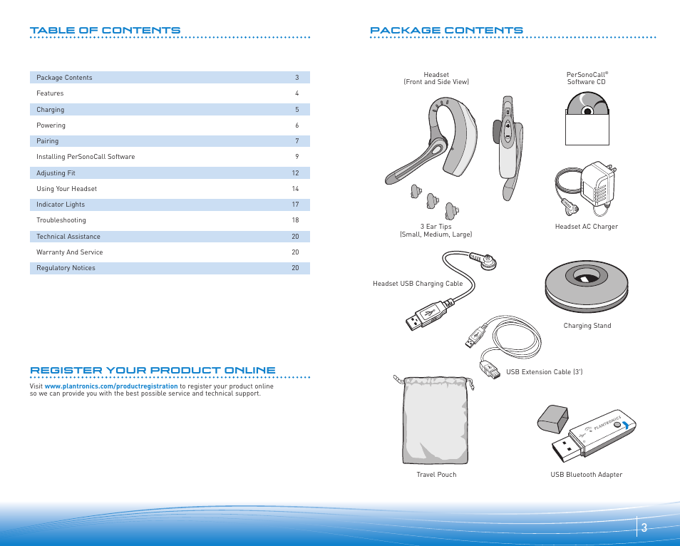 Register your product online, Table of contents package contents | Plantronics Voyager 510 User Manual | Page 2 / 11