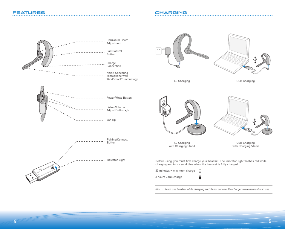 Features charging | Plantronics Voyager 510 User Manual | Page 3 / 11