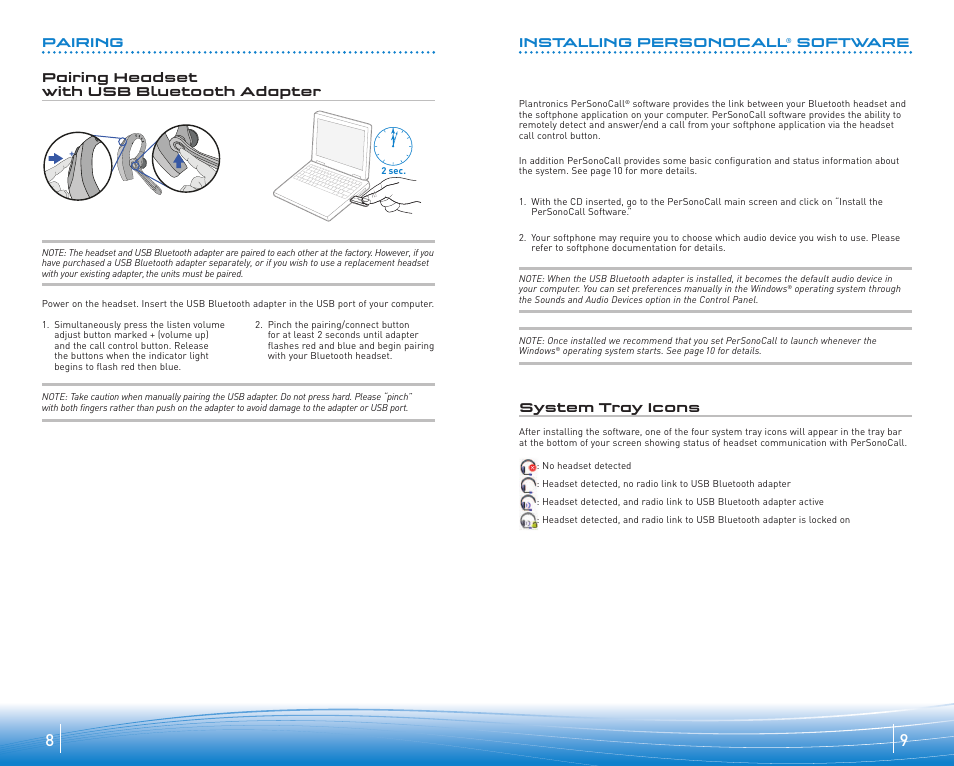 Pairing pairing headset with usb bluetooth adapter, Installing personocall, Software | System tray icons | Plantronics Voyager 510 User Manual | Page 5 / 11