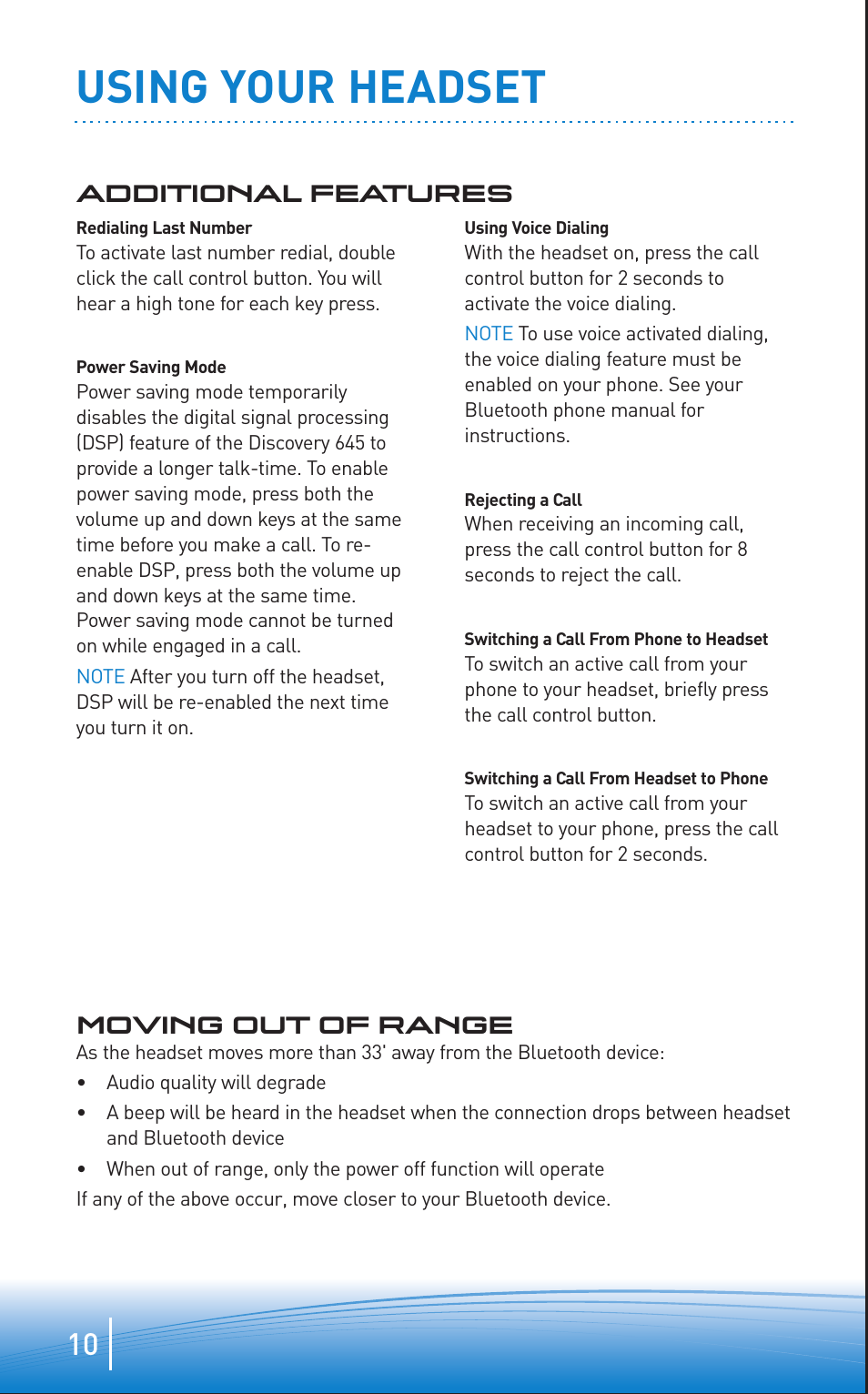 Using your headset, Additional features, Moving out of range | Plantronics Discovery 645 User Manual | Page 10 / 32