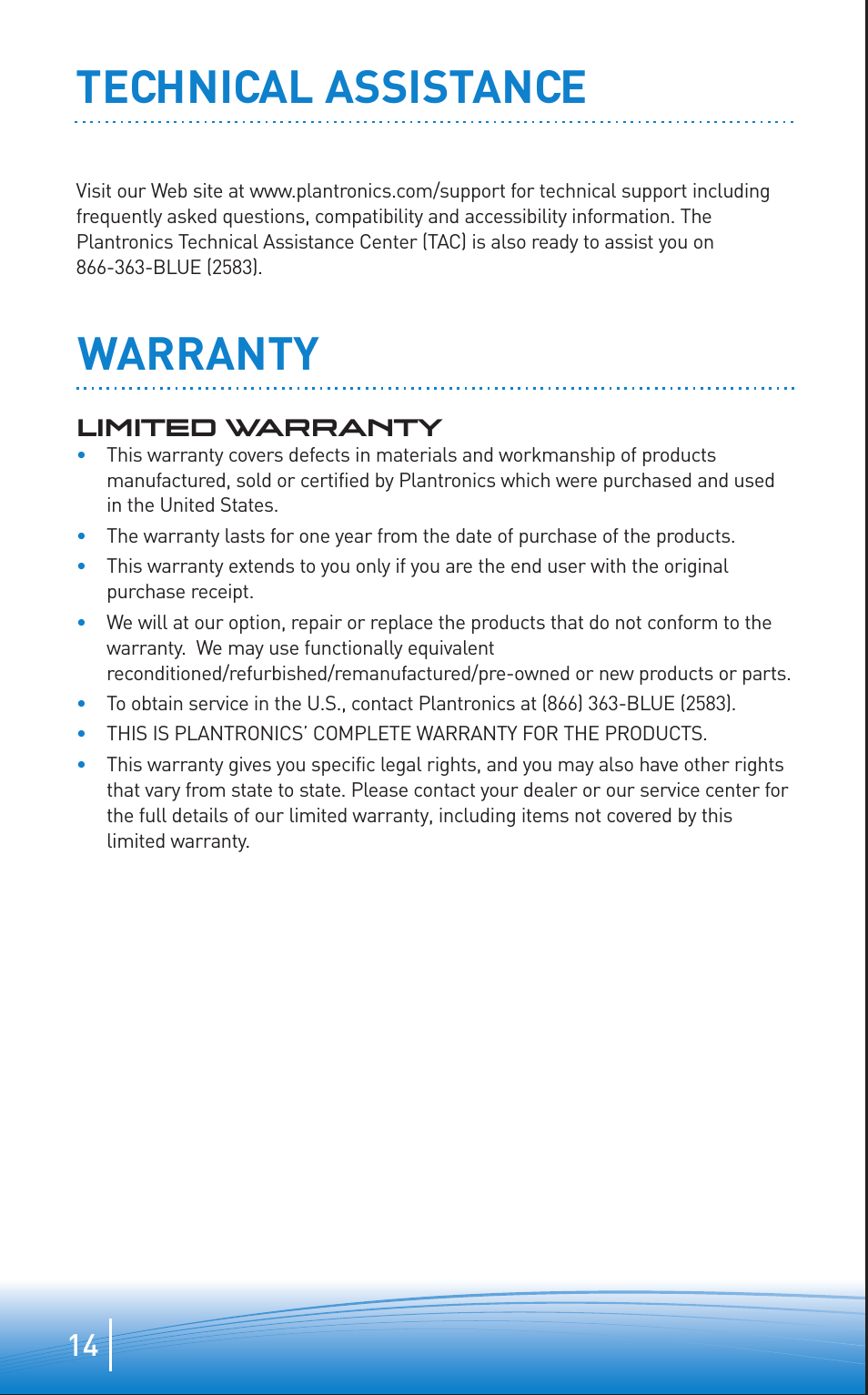 Technical assistance warranty | Plantronics Discovery 645 User Manual | Page 14 / 32