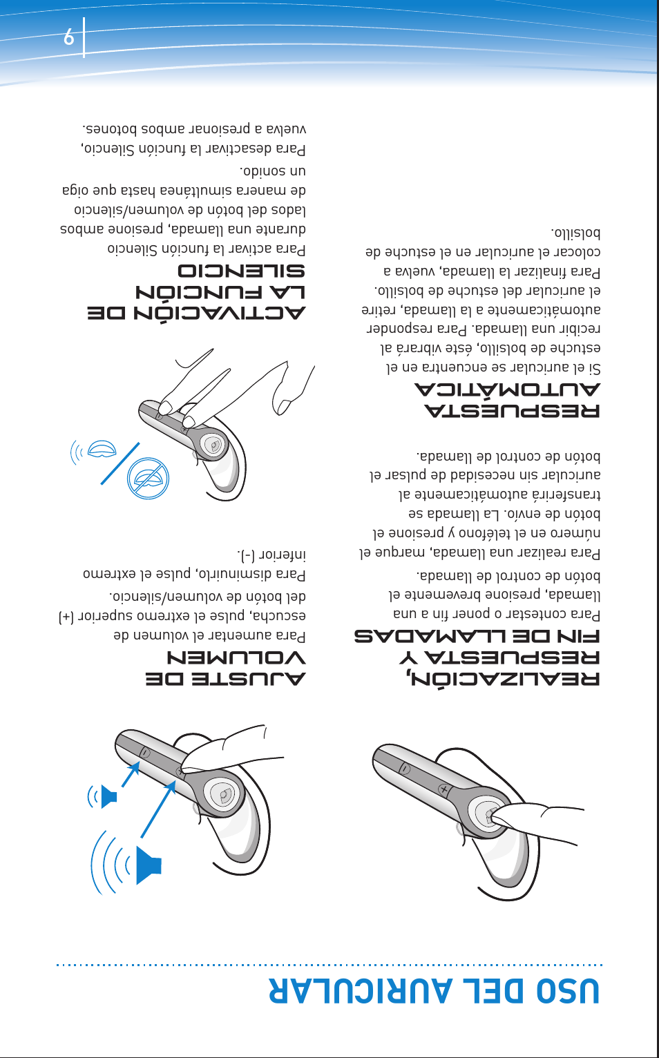 Uso del auricular, Realización, respuest a y fin de llamadas, Respuest a automá tica | Ajuste de volumen, Activ ación de la función silencio | Plantronics Discovery 645 User Manual | Page 24 / 32