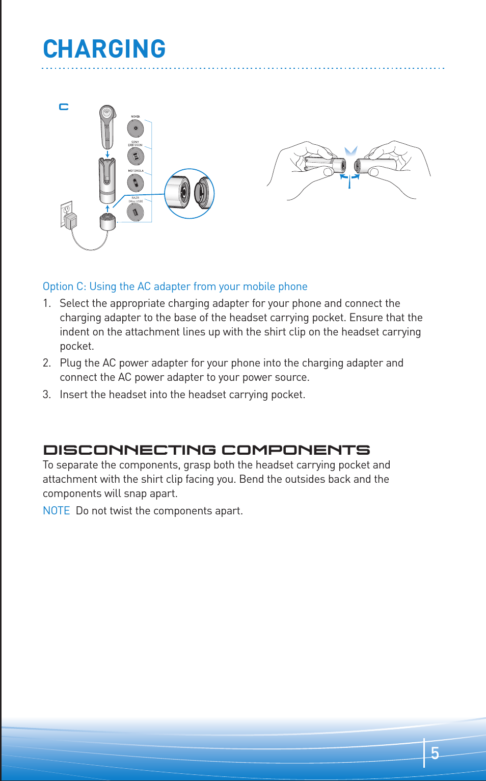 Charging, Disconnecting components | Plantronics Discovery 645 User Manual | Page 5 / 32