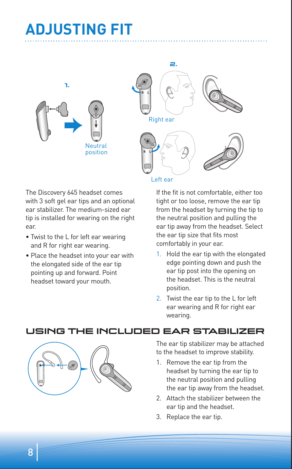 Adjusting fit, Using the included ear stabilizer | Plantronics Discovery 645 User Manual | Page 8 / 32