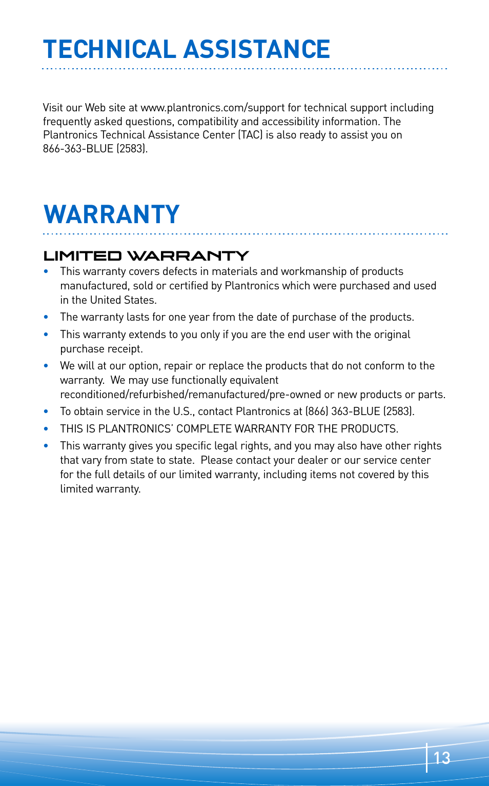 Technical assistance, Warranty | Plantronics EXPLORER 300 User Manual | Page 13 / 32