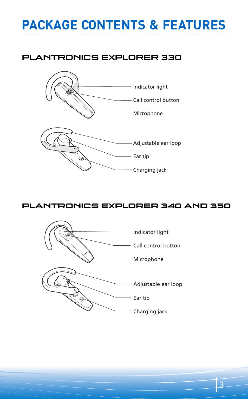 Package contents & features, Plantronics explorer 330 | Plantronics EXPLORER 300 User Manual | Page 3 / 32