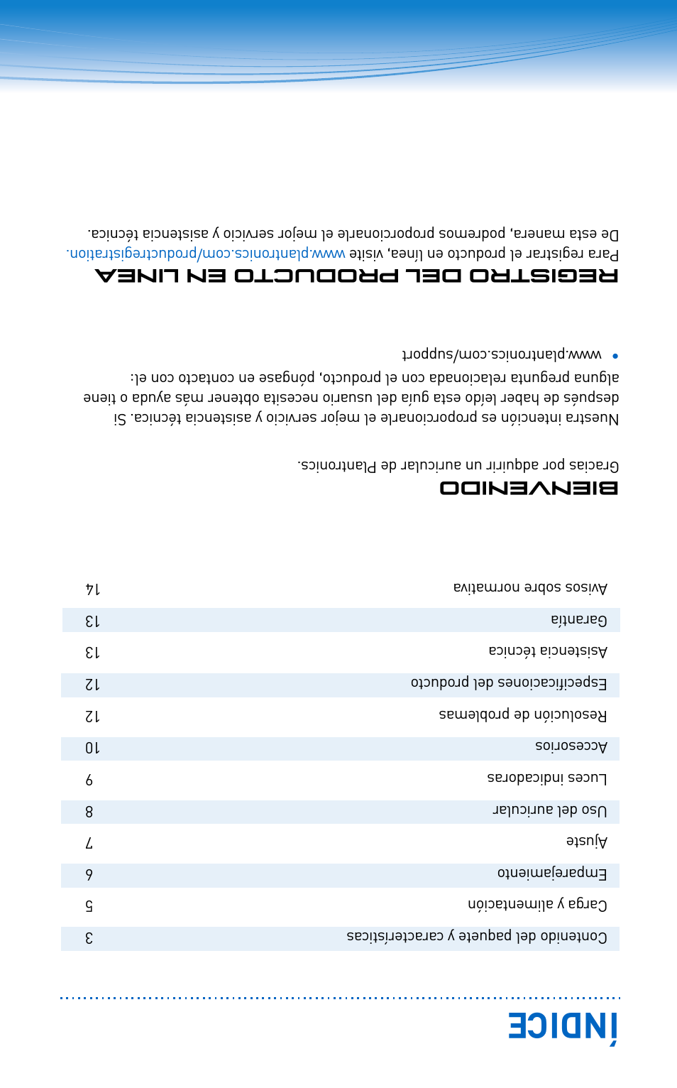 Índice, Registro del producto en linea, Bienvenido | Plantronics EXPLORER 300 User Manual | Page 31 / 32