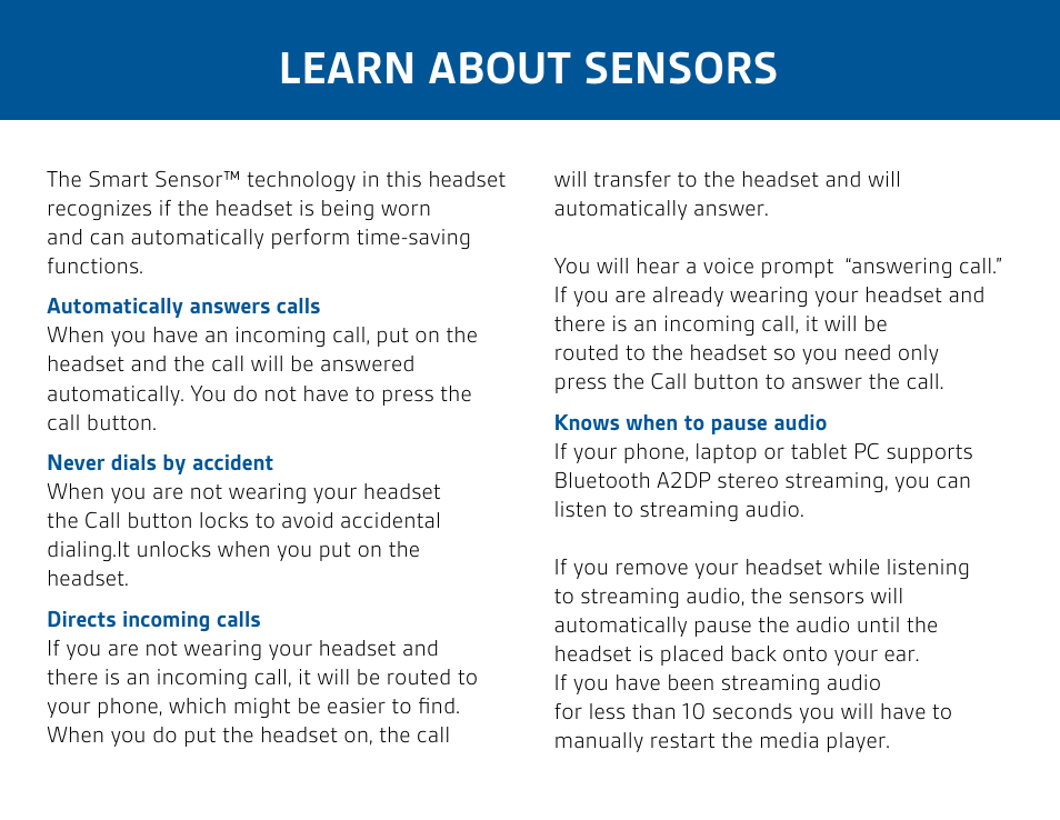 Learn about sensors | Plantronics Voyager PRO HD User Manual | Page 6 / 10