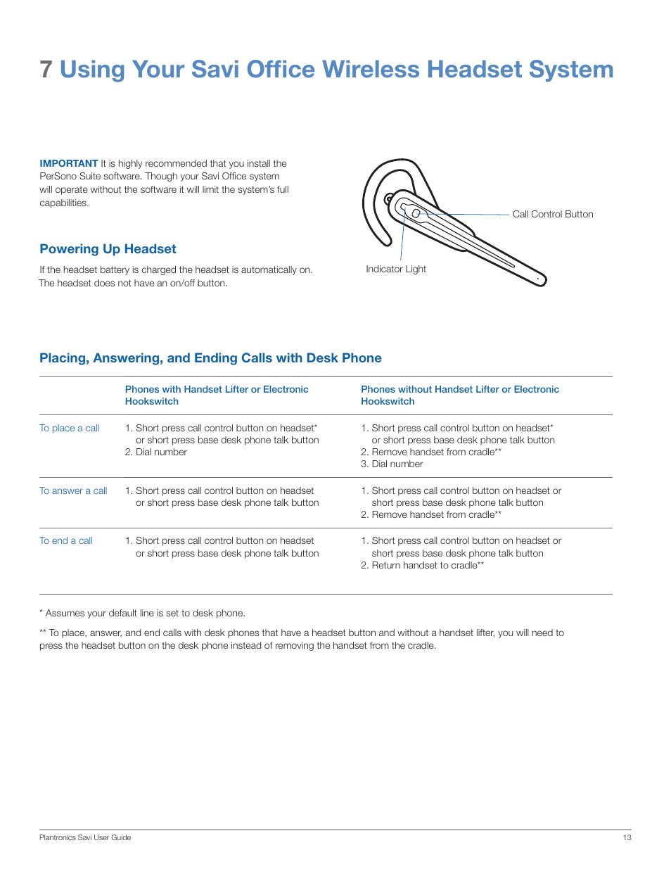 7using your savi office wireless headset system | Plantronics Wireless Headset System WO100 User Manual | Page 13 / 28