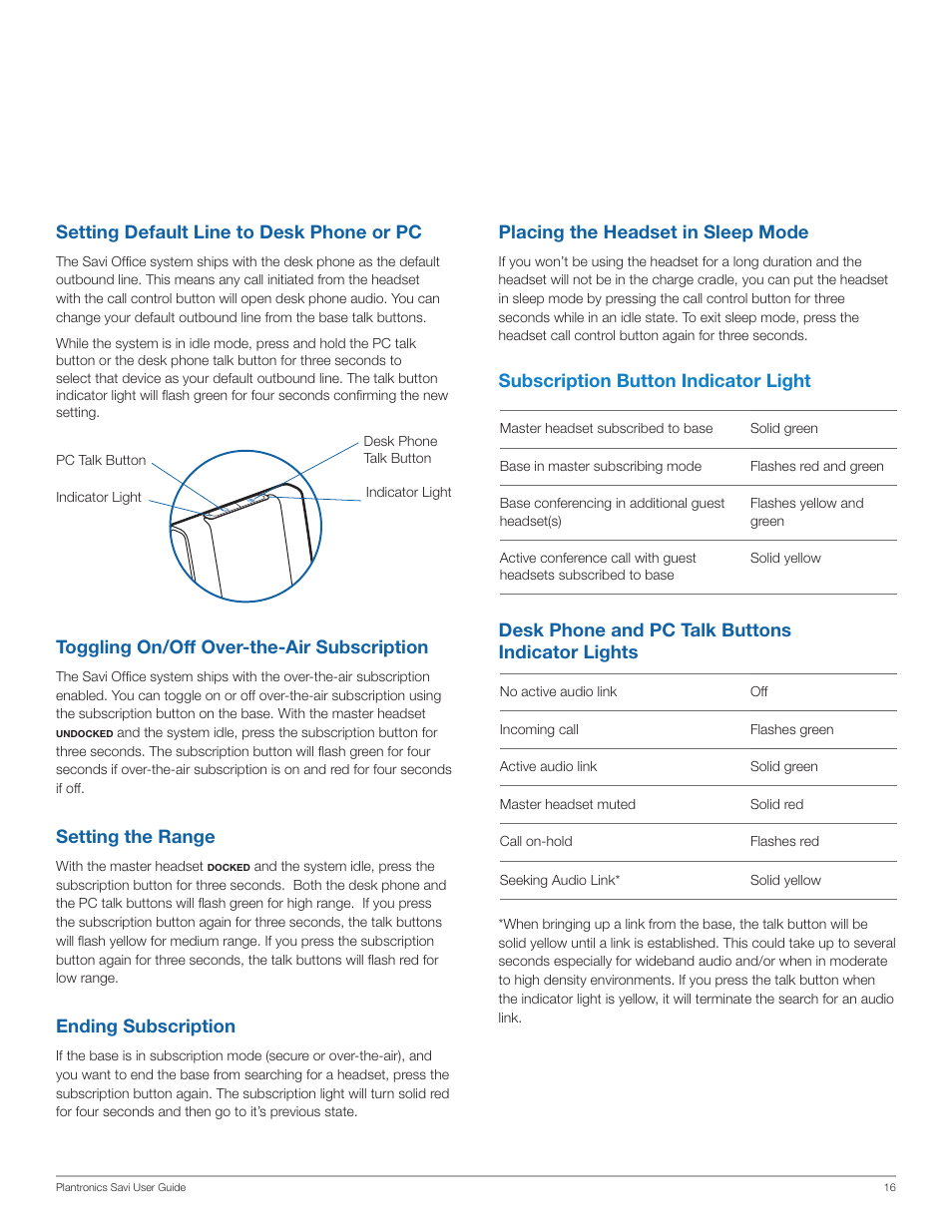 Toggling on/off over-the-air subscription, Setting the range, Ending subscription | Setting default line to desk phone or pc, Subscription button indicator light | Plantronics Wireless Headset System WO100 User Manual | Page 16 / 28