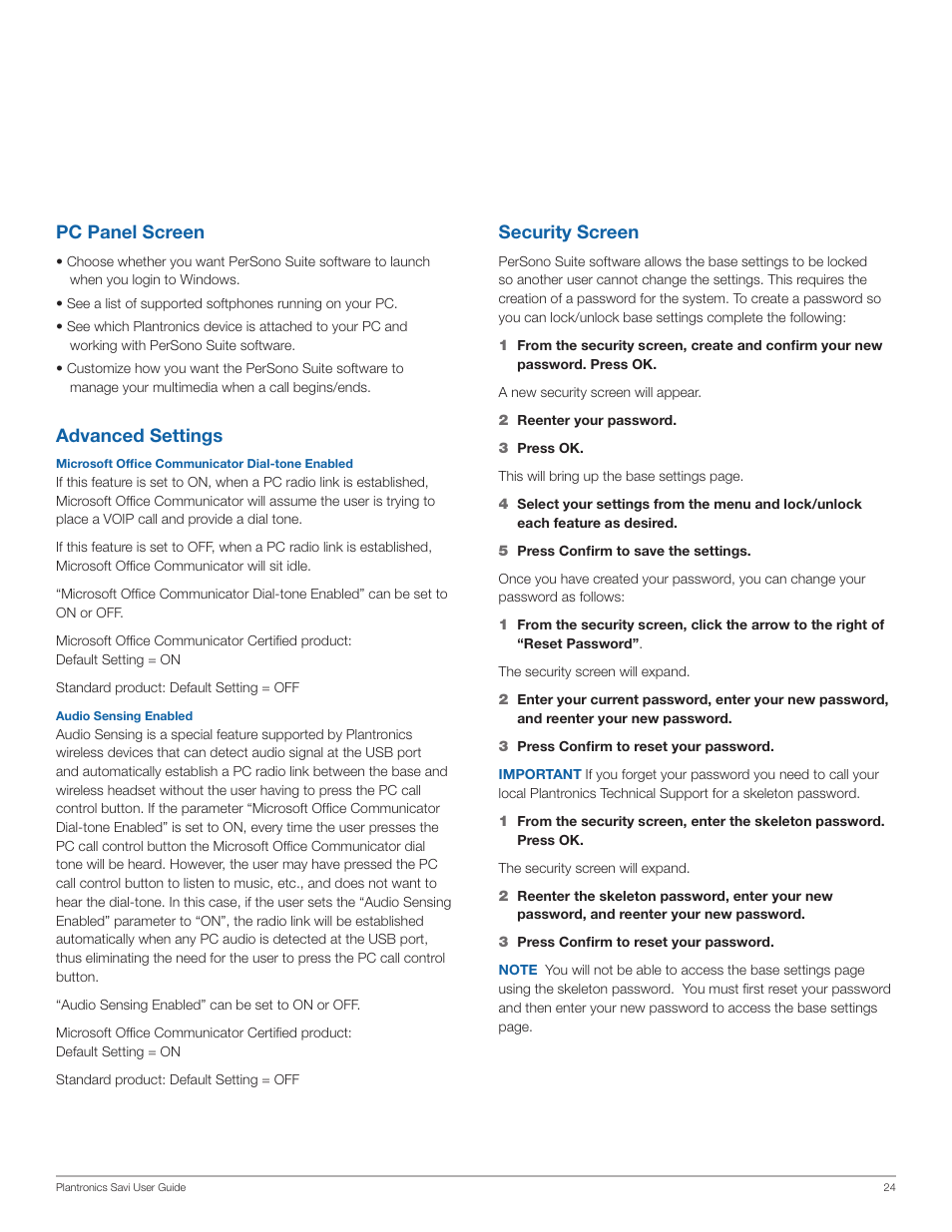 Pc panel screen, Advanced settings, Security screen | Plantronics Wireless Headset System WO100 User Manual | Page 24 / 28