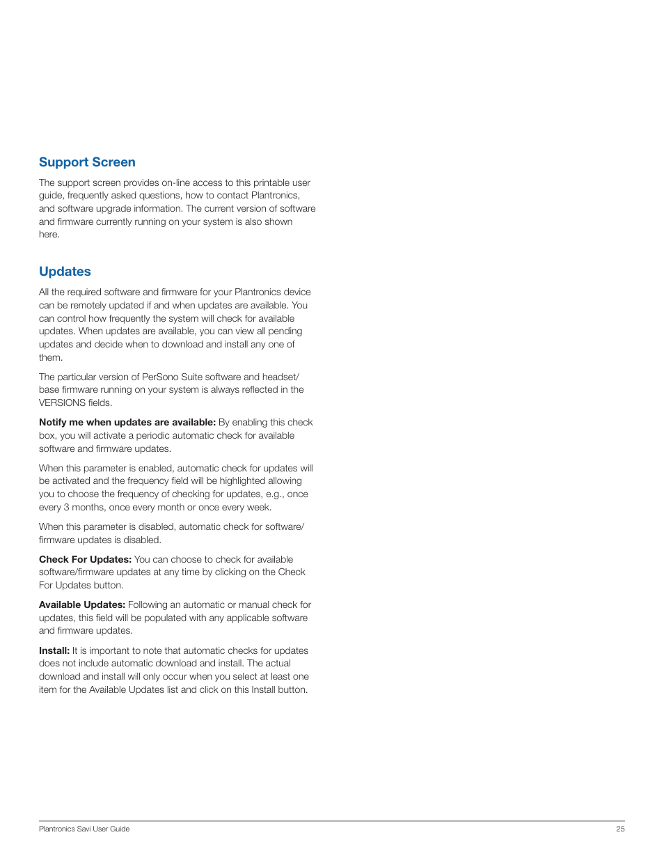 Support screen, Updates | Plantronics Wireless Headset System WO100 User Manual | Page 25 / 28