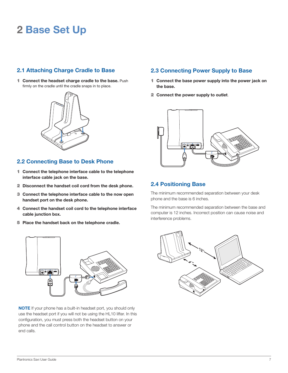 2base set up | Plantronics Wireless Headset System WO100 User Manual | Page 7 / 28
