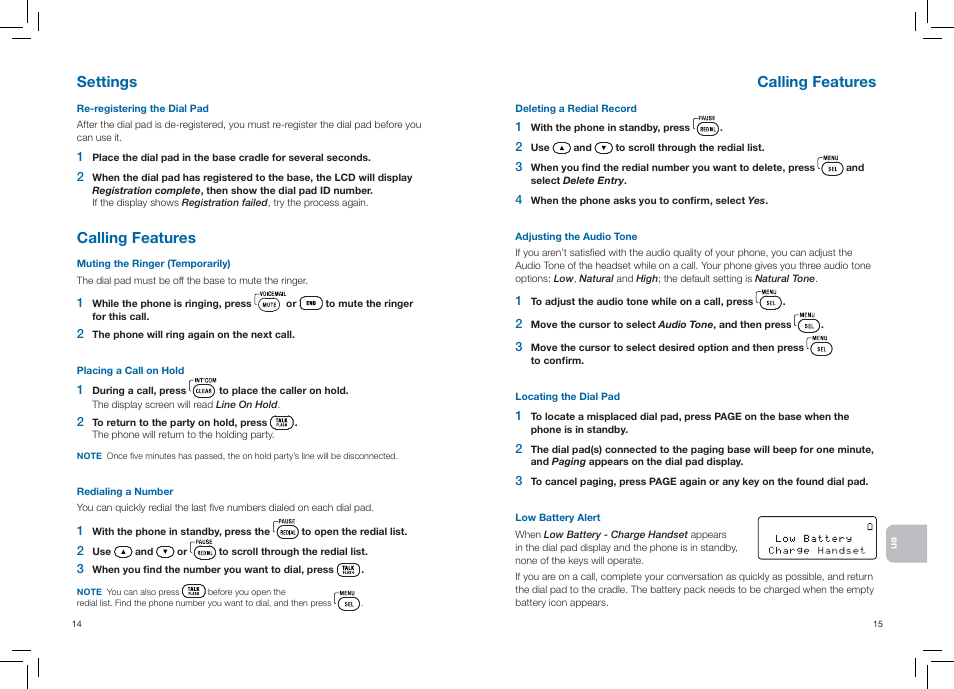 Settings, Calling features | Plantronics CT14 User Manual | Page 10 / 37