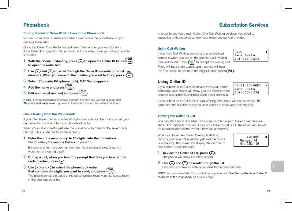 Phonebook, Subscription services | Plantronics CT14 User Manual | Page 13 / 37