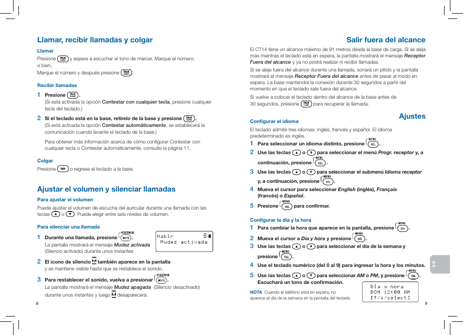 Llamar, recibir llamadas y colgar, Ajustar el volumen y silenciar llamadas, Salir fuera del alcance | Ajustes | Plantronics CT14 User Manual | Page 25 / 37