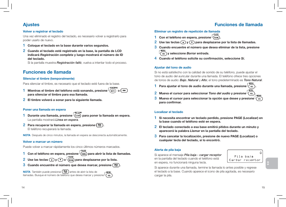 Ajustes, Funciones de llamada | Plantronics CT14 User Manual | Page 28 / 37