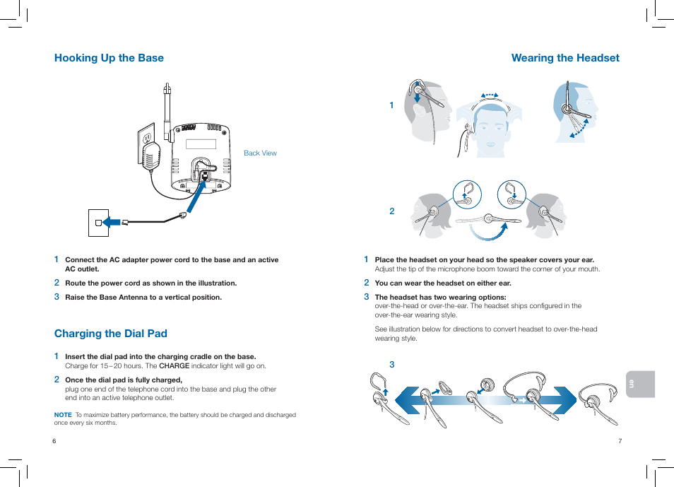 Hooking up the base charging the dial pad, Wearing the headset | Plantronics CT14 User Manual | Page 6 / 37