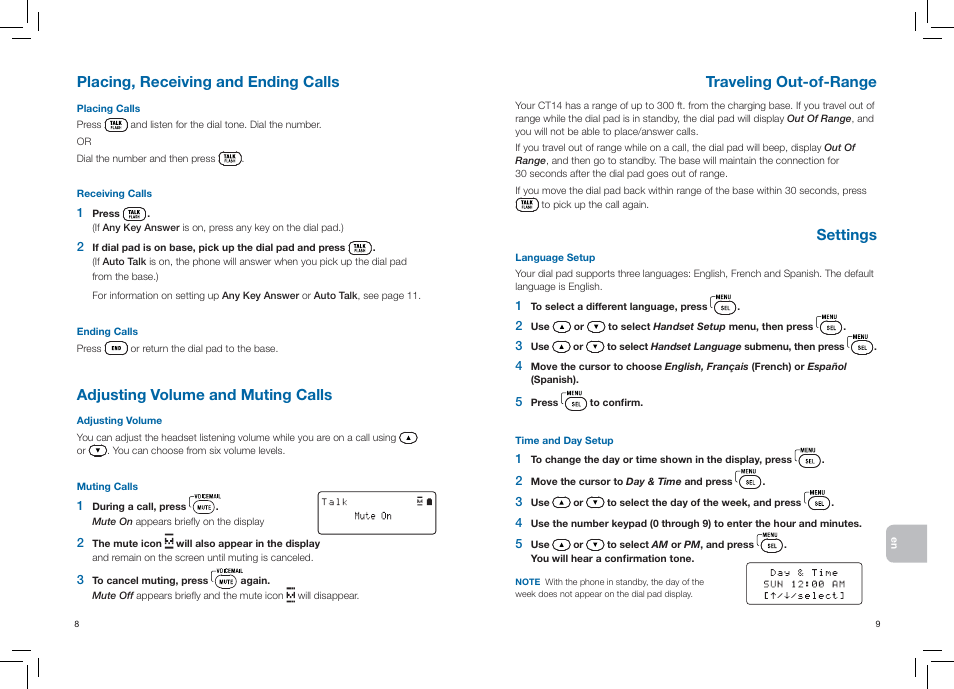 Placing, receiving and ending calls, Adjusting volume and muting calls, Traveling out-of-range | Settings | Plantronics CT14 User Manual | Page 7 / 37