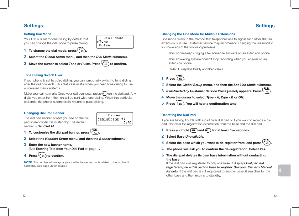 Settings | Plantronics CT14 User Manual | Page 9 / 37