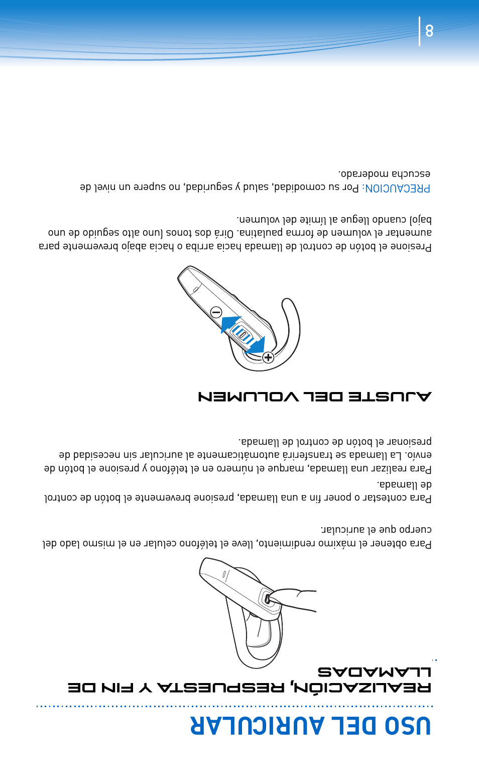 Uso del auricular, Ajuste del volumen, Realización, respuest a yfin de llamadas | Plantronics 300 Series User Manual | Page 25 / 32
