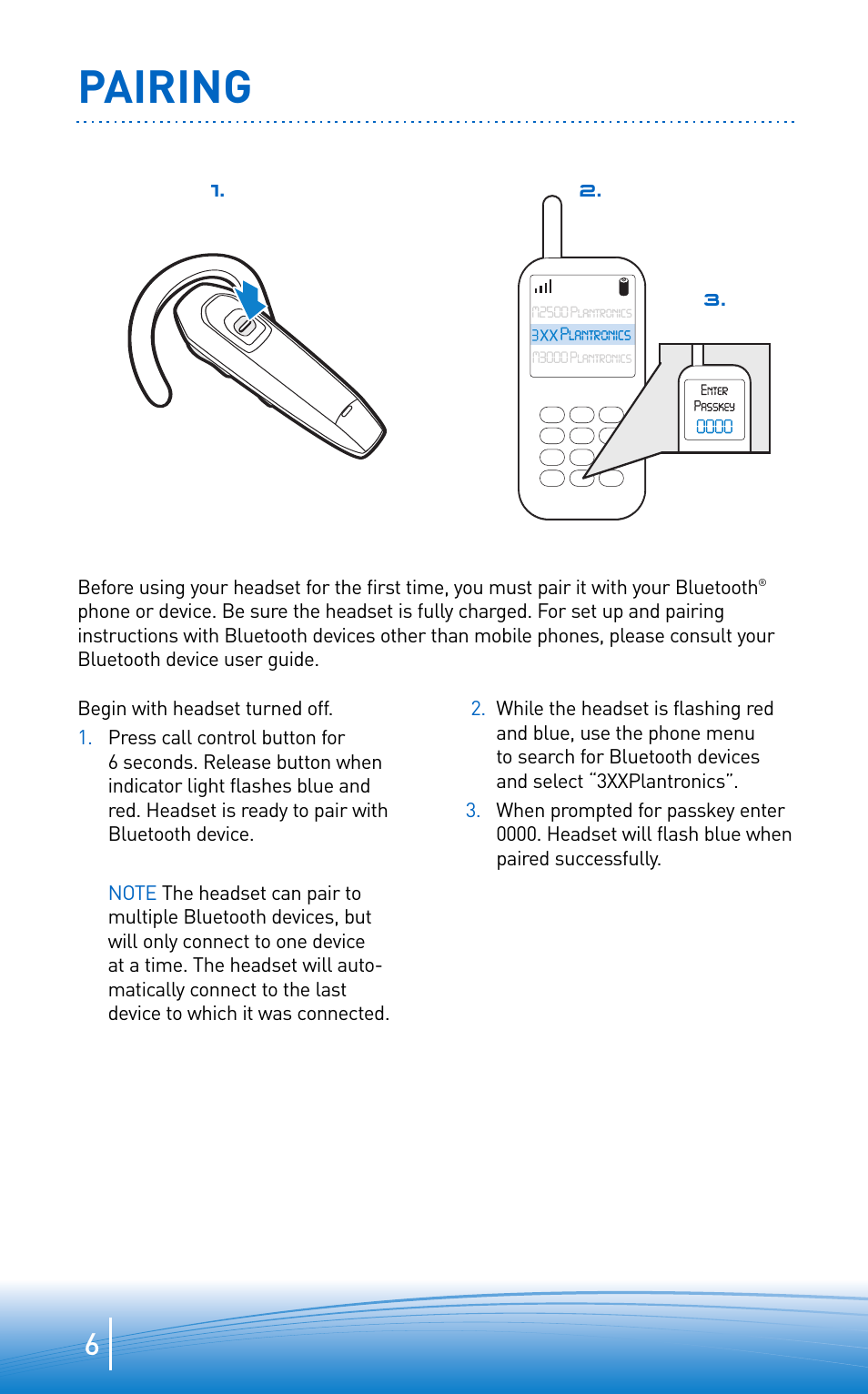 Pairing | Plantronics 300 Series User Manual | Page 6 / 32