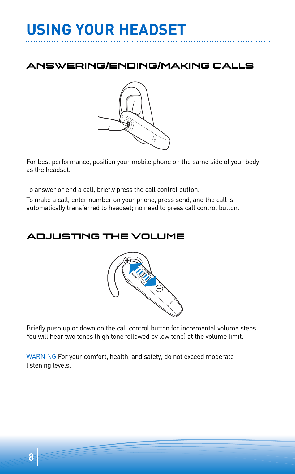 Using your headset | Plantronics 300 Series User Manual | Page 8 / 32
