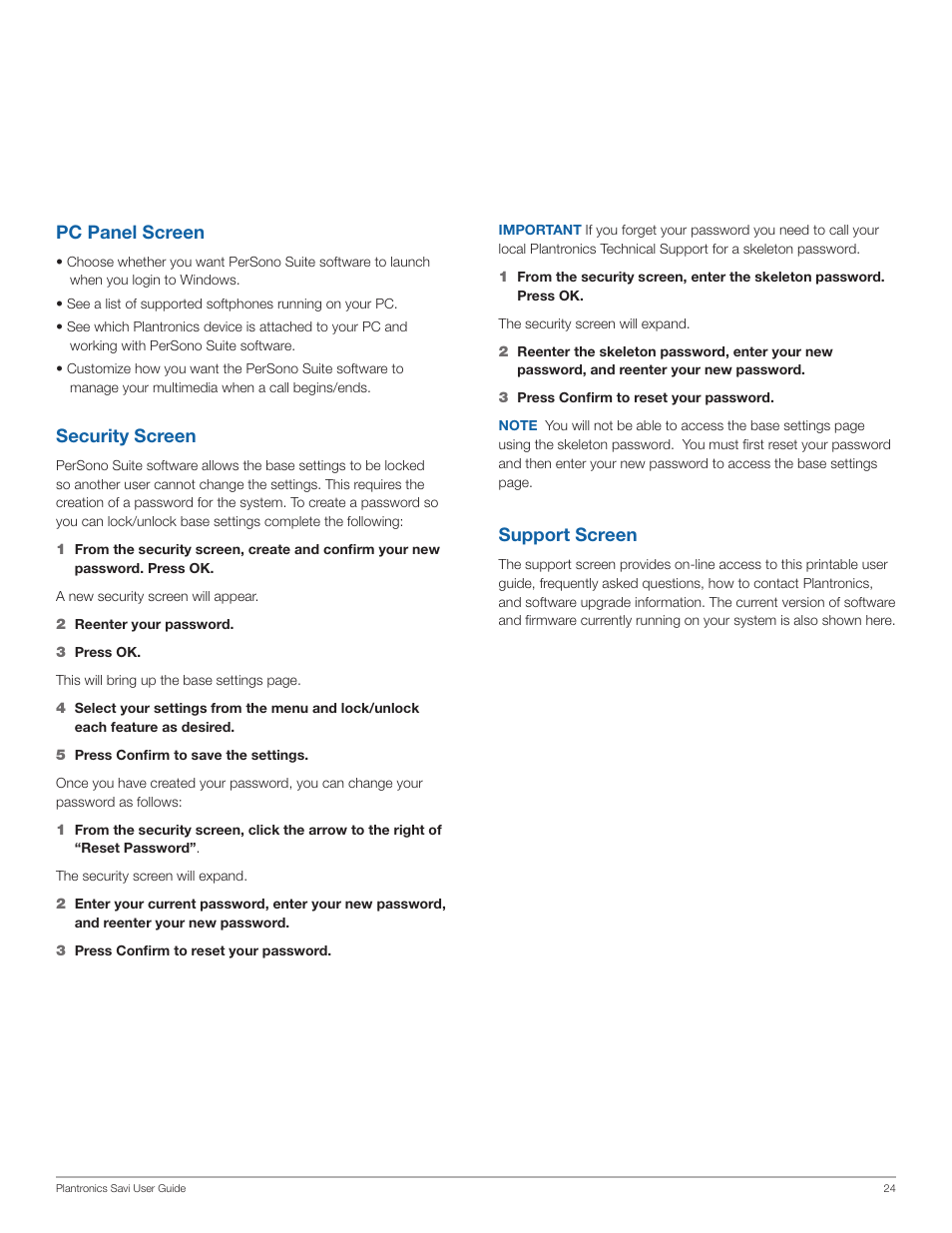 Pc panel screen, Security screen, Support screen | Plantronics SAVI WO100 User Manual | Page 24 / 28