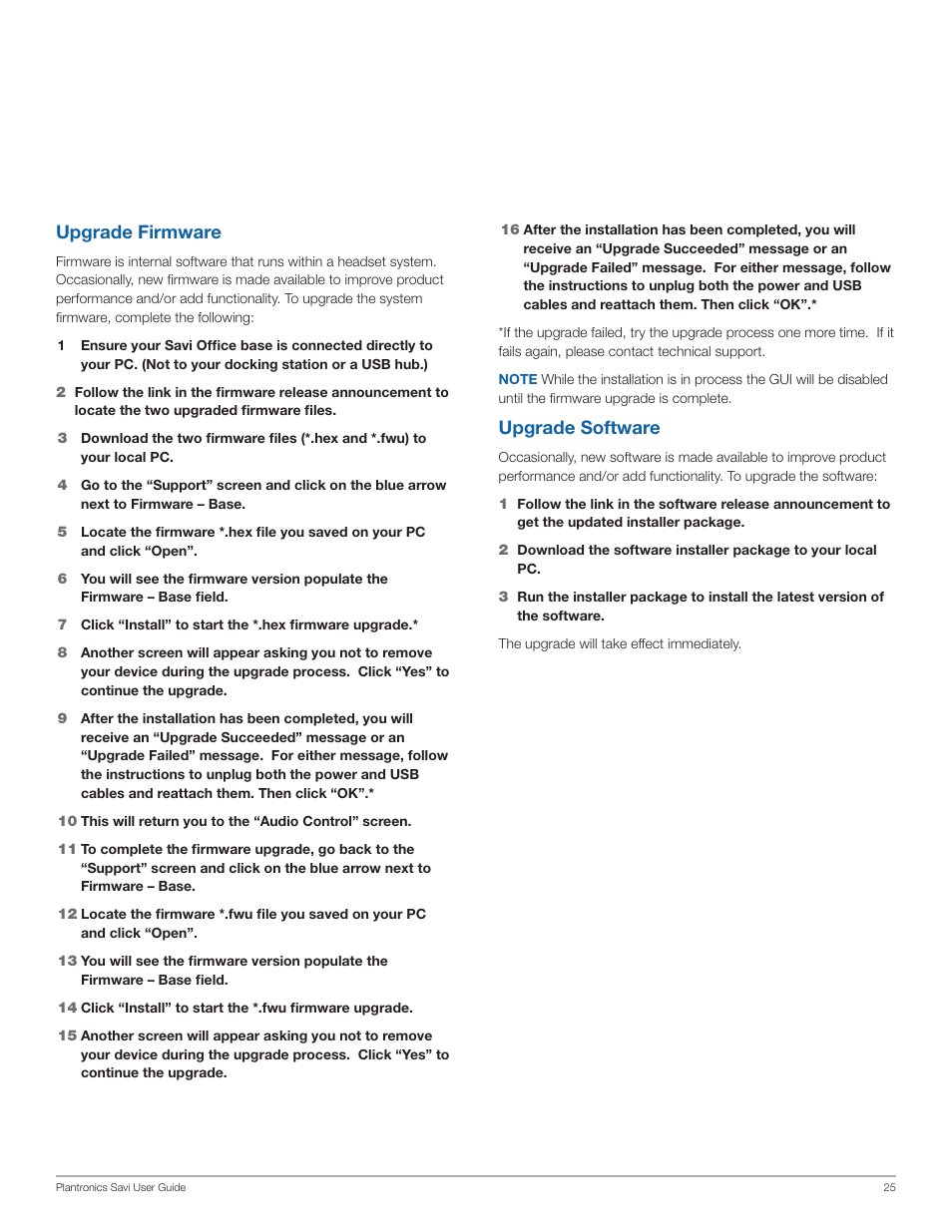 Upgrade firmware, Upgrade software | Plantronics SAVI WO100 User Manual | Page 25 / 28